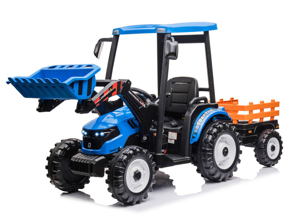 Elektrický traktor pre deti andos Hercules 24V/400W s vlečkou a nakladacou lyžicou, modrý